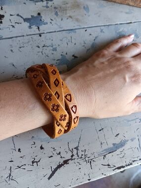 Tan Leather Wrap Bracelet with Embossed Geometric Accents